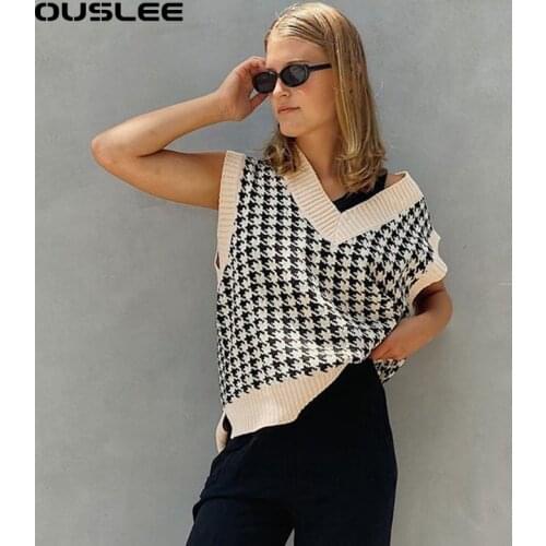 OUSLEE 2021 Houndstooth V Neck Sweater Vest Women Loose Sleeveless Knitted Pullover Sweaters Female Fashion Spring Casual Jumper