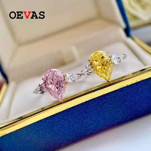 OEVAS 100% 925 Sterling Silver 4 Carat Water Drop Pink Yellow High Carbon Diamond Rings For Women Sparkling Wedding Fine Jewelry