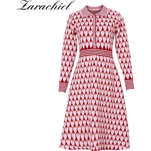 Newest Winter Women Vintage Red Love Shape Jacquard Knitted Dresses Lady Brand Clothing Single Breasted Thick Midi Sweater Dress