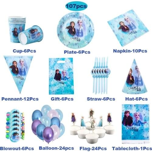 Frozen 107/pcs Baby Shower Party Decoration Birthday Set Banner Cup Plate Tablecloth Disposable Supplies For Kids For 6 people