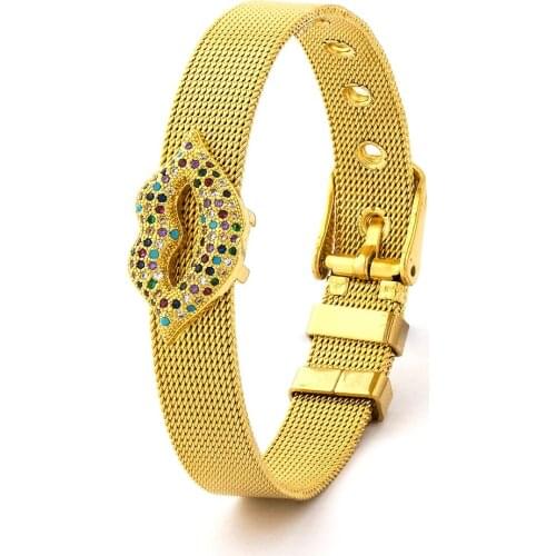 High Quality Stainless Steel Bangle Gold Color Micro Pave Cubic Zircon CZ lip Spacer Bead Watch Belt Bracelet 6 Sizes Adjustable