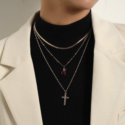 Fashion Multilayer Chains Rhinestone Crystal Cherry Cross Pendant Necklaces for Women Elegant Geometric Sweater Chains Jewelry