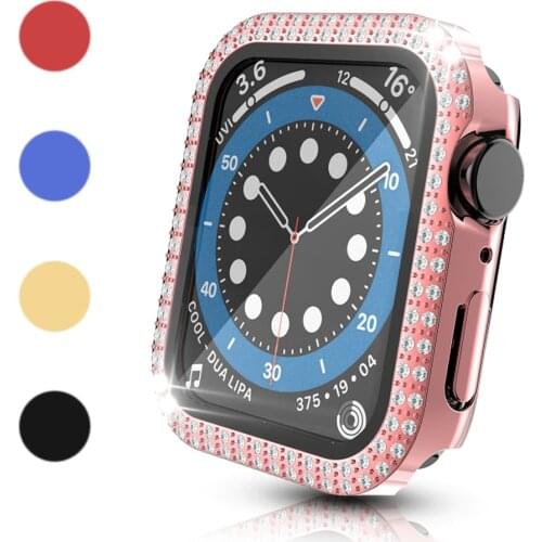For Apple Watch 6 Case Series SE/6/5/4/3/2 PC+Tempered Glass Cover Diamond Bling Fashion Bumper for iWatch 44/40mm 38/42mm Shell