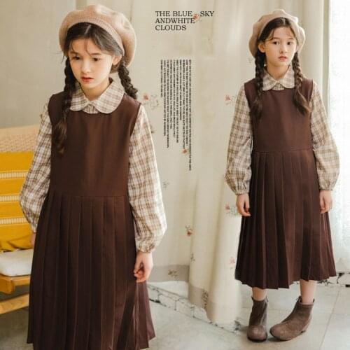 Teens Girls Clothing Set 2021 Spring Autumn Plaid Shirt Strap Dress Two-piece Suit for Kids Set 4-13 Years Childrens Tracksuit