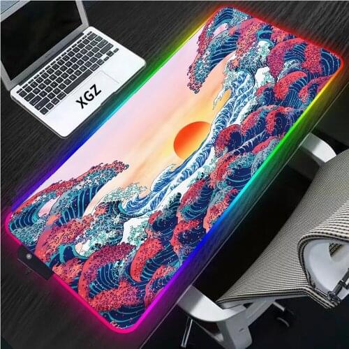 XGZ Japanese Art Wave Sunrise RGB Anime Mouse Pad Locking Edge for Large CSGO PC Gamer LED Desktop Gaming Accessories Desk Mats