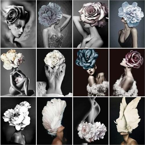 MomoArt 5D DIY Diamond Mosaic Black White Full Drill Square Woman Flower Diamond Embroidery Needlework Mosaic Art Handmade Gift