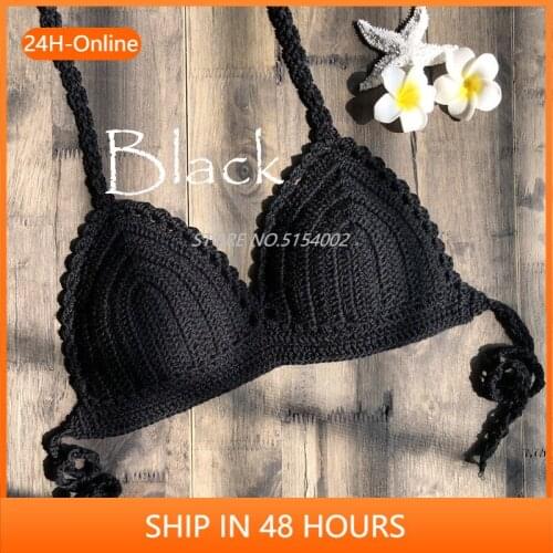 2020 New Crochet Halter Bikini Bra Tops Women Summer Sexy Backless Crops Tops Hollow Knit Beach Bikini Solid Color Crop Top