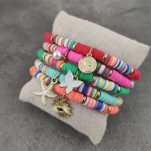 New Fashion Boho Heishi Polymer Clay Disc Beads Stretch Bracelet Multicolored Vinyl Record Beads Mixed Surf Jewelry Gift