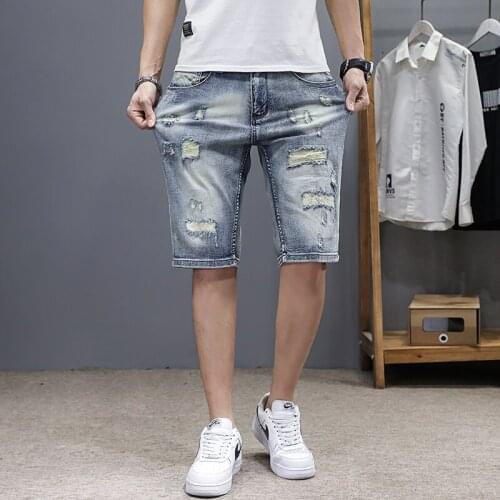 Skinny Shorts for Men Summer New Simplicity Frayed Youth Casual Fashion Thin Section Male Knee-length Denim Blue Hole Shorts