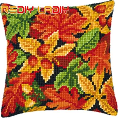 DIY Cross Stitch Cushion Autumn Leaves Pre-Printed Canvas Acrylic Yarn Pillow Case Make Your Own Pillow Chunky Cross Stitch Kits