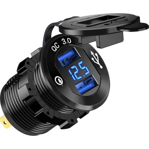 Quick Charge 3.0 Dual USB Charger Socket, Waterproof Aluminum Power Outlet Fast Charge with LED Voltmeter for Car Motorcycle
