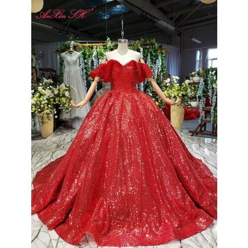 AnXin SH Luxury princess red boat neck beading flower crystal bride ruffles red lace up ball gown wedding dress 100% real photo