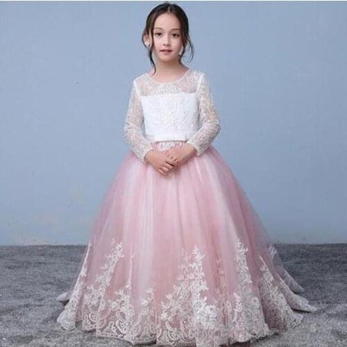 Pink Lace Long Sleeve Flower Girl Dresses 2020 Jewel Hollow Applique Toddler Party Dress For Wedding Girls Pageant Dress