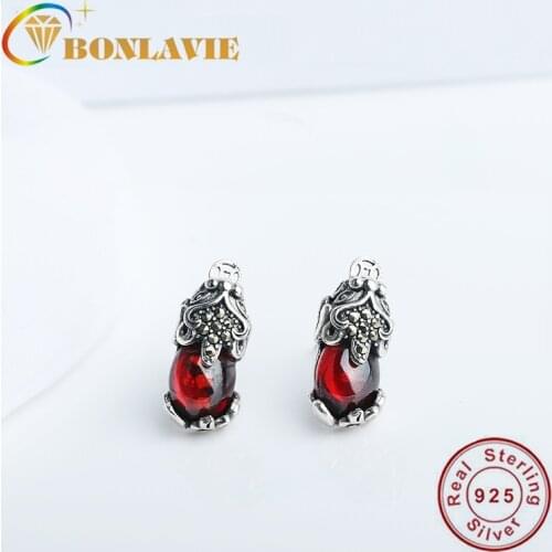 BONLAVIE S925 Pure Silver Earrings Inlaid with Red Garnet Antique Silver Earring Chinese Style Fabulous Wild Beast Jewelry