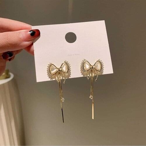 YAOLOGE 2021 Trend Gold Color Bowknot Tassel Drop Earrings For Women Geometric Zircon Alloy Earrings Fashion Party Jewelry Gift