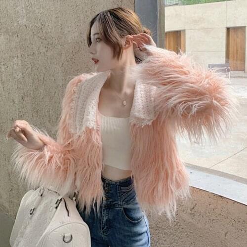 Mink Coats Woman 2021 spring Top Fashion Pink FAUX Fur Coat Elegant Outerwear Fake Fur Woman Jacket Short Lace Faux Fox Fur Coat