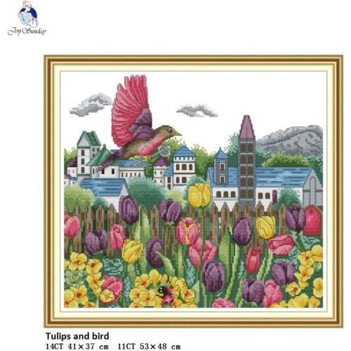 Tulips and Bird Patterns 11CT Printed Fabric 14CT Counted Canvas DMC Cross Stitch Embroidery Needlework Home Decor Wholesale