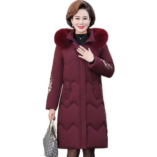 Thicken winter down cotton jacket middle-aged woman parka embroidery hooded Big fur collar outerwear female Plus size 5XL A3031