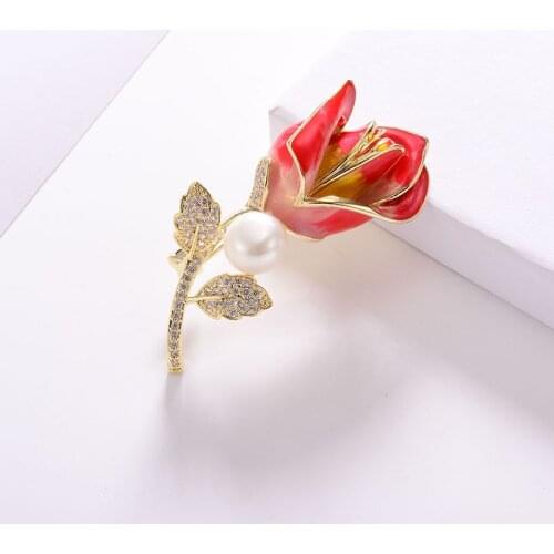 Simulated Pearl Zircon Rose Flower Brooches For Women New Copper Female Brooch Pins Fashion Party Clothing Jewelry 2020