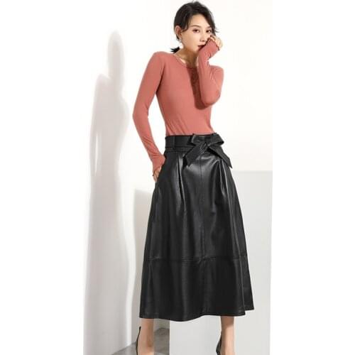 High Quality Real Leather Skirt Womens Spring Autumn High Waist Long Pleated Skirt Lady Casual Maxi Sheepskin Skirt Women