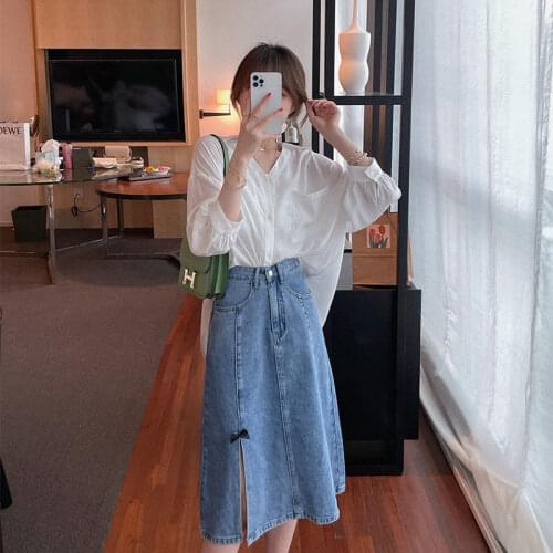 Womens Skirt Spring/Summer 2021 New Versatile High Waist Denim A- line Bow Split Small