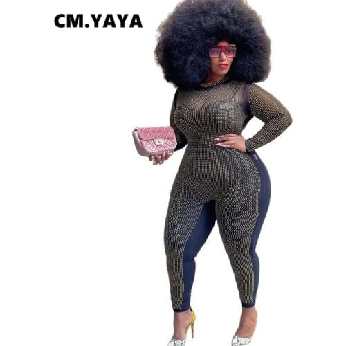 CM.YAYA Women Jumpsuit Solid Mesh Diamonds Full Sleeve O-neck Stretchy Skinny Pencil Jumpsuits Fashion One Piece Overalls Autumn