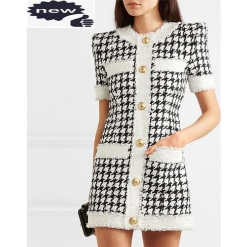 Elegant Spring Fashion Black White Plaid Womens Tweed Sleeve O-Neck Single Breasted Pullover Ladies Short Dresses