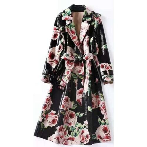 European and American womens autumn 2021 new Long sleeve pink rose print lace-up Fashion suede Trench coat