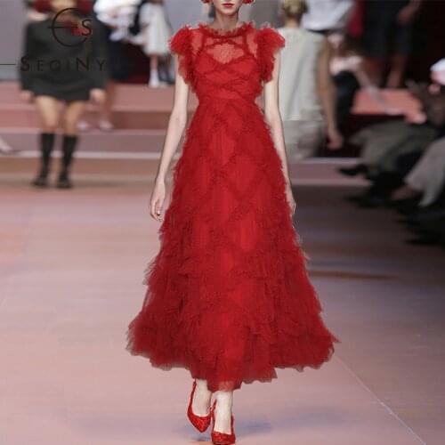 SEQINYY Party Long Dress Summer Spring New Fashion Design Women Runway Mesh Ruffles A-Line Slim Elegant High Quality Red