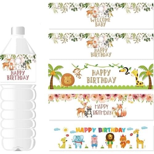 24Pcs Jungle Party Decor Bottle Wraps Happy Birthday Water Bottle Label Rainbow Waterproof Stickers Baby Shower Party Favor kw31
