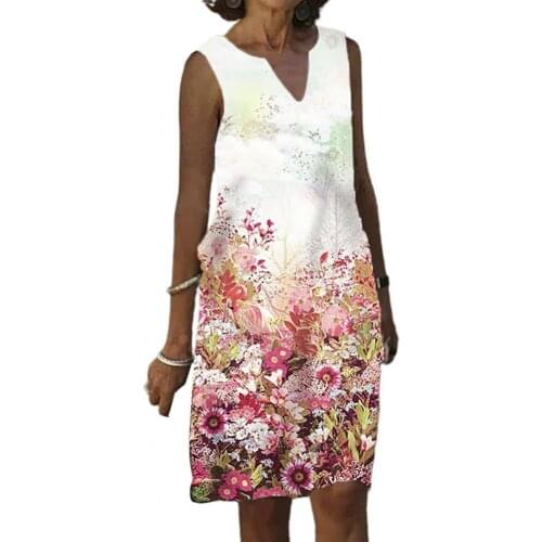 Bohemia Women Dress V Neck Vivid Flower Print Sleeveless Knee-Length Summer Dress Streetwear Casual Womens Clothing 2021