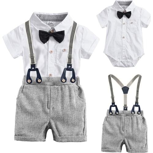 Newborn Baby Boy Summer Formal Clothes Set Bow Wedding Birthday Boys Overall Suit White Romper Shirt Toddler Gentleman Outfit