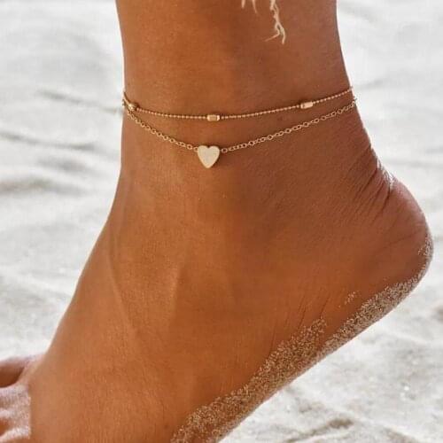 Fashion Double Chain Anklet Bohemian Layered Heart Anklet Summer Beach Anklets On Foot Ankle Bracelets For Femme Leg Chain