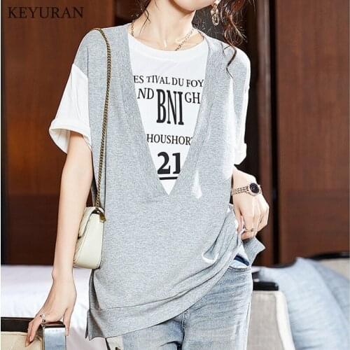 Cotton Fake Two-Piece Letter Print Tshirt Streetwear Summer Oversized T Shirt Women Harajuku Short Sleeve Top Tee Hip Hop Tshirt