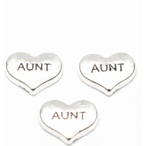 Hot Sale 10pcs/lot Metal Letter Aunt Heart Silver Floating Charms For Living Glass Floating Lockets Women Necklace DIY Jewelry