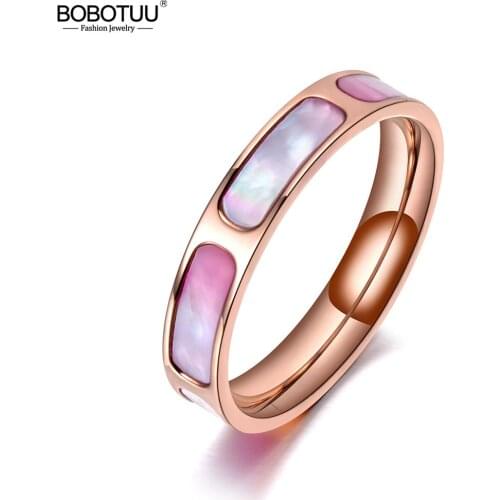 BOBOTUU Trendy Titanium Stainless Steel Wedding Rings For Women Rose Gold Shell CZ Crystal Female Engagement Jewelry BR19072