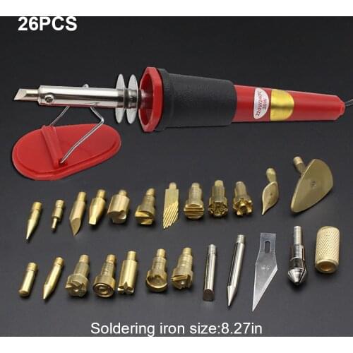 26Pcs Wood Burning Kit Electric Iron Pen Wood Burner Soldering Tips Stencil Stand Soldering Iron Gourd Wood Board Painting Tool