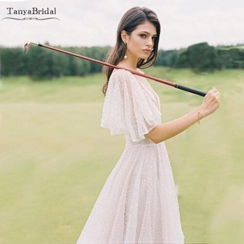 Flare Sleeve Beaded Embroidery Lace Wedding Dresses Luxury V-Neck Backless Fairy Bohemian Beach Bridal Gowns A Line Noiva DW406