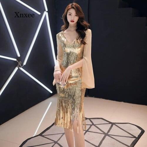 Summer Womens 2021 New Womens Black Sequin Dress Elegant Long Sleeve Dress Tassel Party Short Skirt