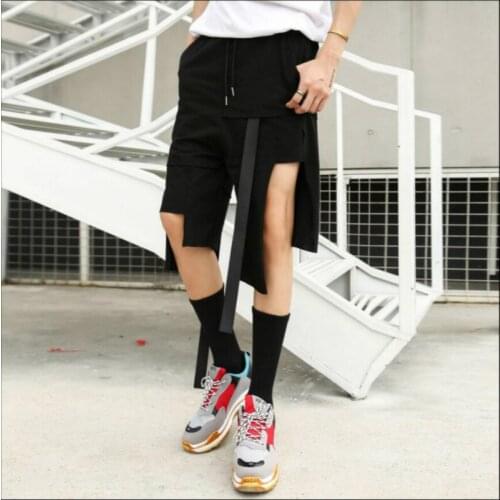 Men Clothing Stitching Seven Points Pants Tide Personality Streamers Pants Summer Black Singer Dj Ds Costumes Irregular