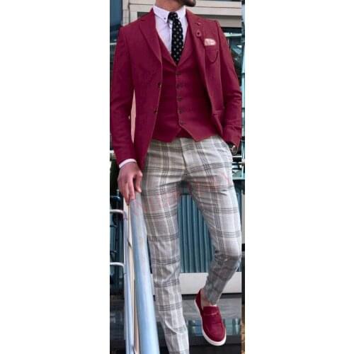 2020 Burgundy Mens Suit 3 Piece Male Tuxedo Slim fit Casual British Stylish Suits for Men Jacket Vest with Lattice Pants Set