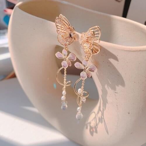 New Trendy Cute Butterfly Flowers Pendant Earrings Flower Pearl Tassel Earrings for Women Drop Earrings Jewelry Earrings