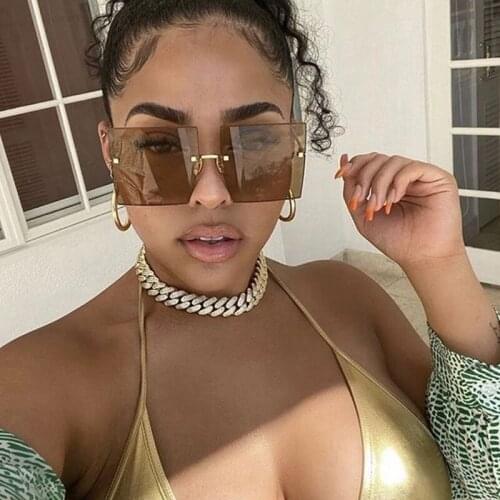 Square Oversized Sunglasses Women Vintage Luxury Rimless Sun Glasses For Female Big Frame Gradient Mirror Metal Oculos De Sol