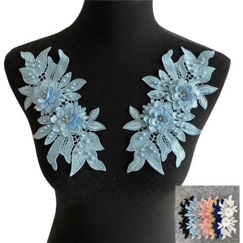 A pair of Polyester Flowers Hollow ABS pearl 3D Rhinestone Lace for Sewing Baby Hair Band Application Dress Embroidered Fabric