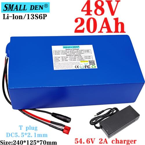 48V 20Ah 18650 13S6P Rechargeable Lithium Battery Pack 1000W E-Bike Electric Scooter Battery Built-in BMS+54.6V 2A Charger