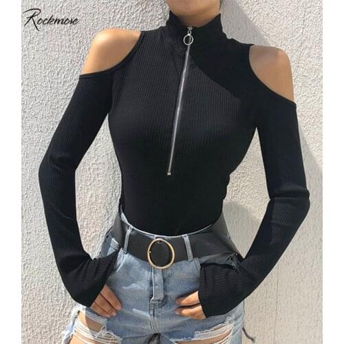 Rockmore Gothic Skinny Long Sleeve Zipper Bodysuit Women Cotton Ladies Bodysuits Off Shoulder Bodycon Jumpsuit Streetwear Autumn