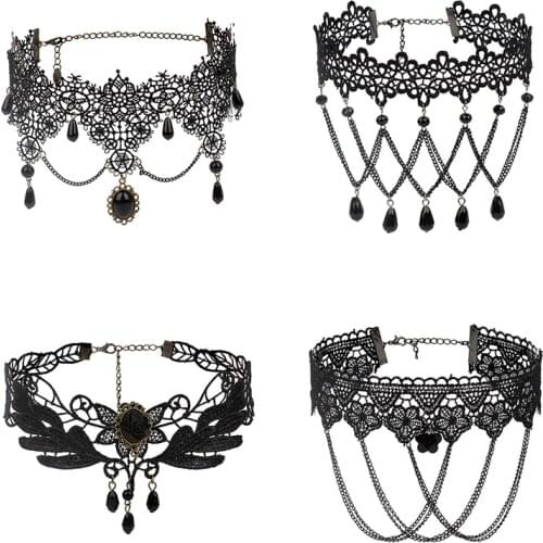 Gothic Punk Vintage Style Gem Decoration Women Black Beads Choker Collar Necklace Chocker Jewelry