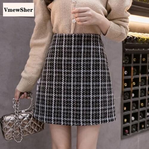 VmewSher New Woolen Skirt Women Autumn Winter Hight Waist Mini Plaid Elegant Female Warm Wool Boots Skirts Faldas Jupe Femme