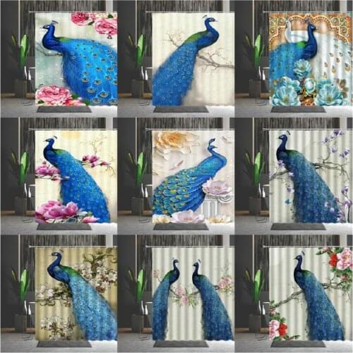 Blue Peacocks Shower Curtains Lovely Bird Pattern Bathroom Decor Home Bath Bathtub Waterproof Polyester Curtain Set Cheap