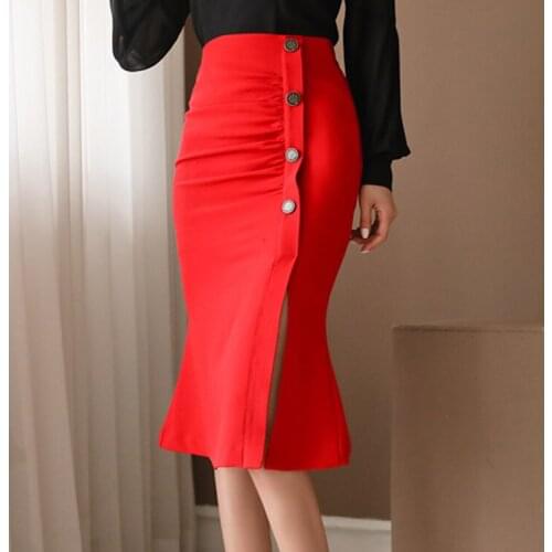 2019 Spring New High Waist Women Midi Skirt Buttons Slit Bodycon Skinny Skirt Elegant Office Lady Pencil Skirt Jupe Faldas Mujer